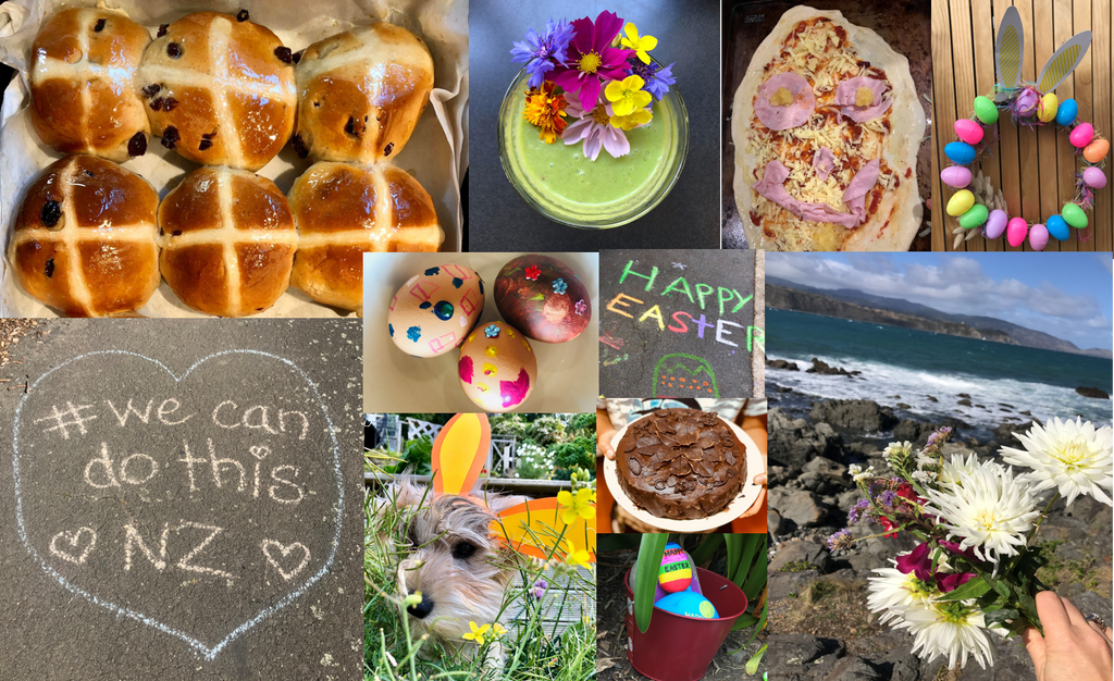 Collage of photos of our Easter in lockdown in New Zealand